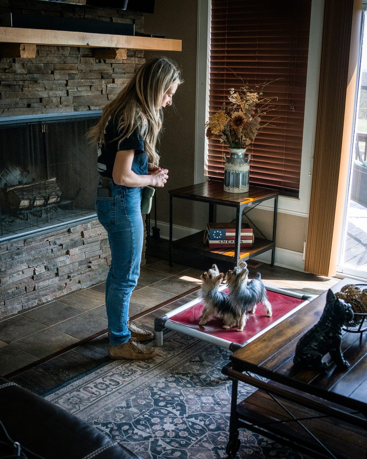 A woman standing in a living room beside two small terriers on a raised bed